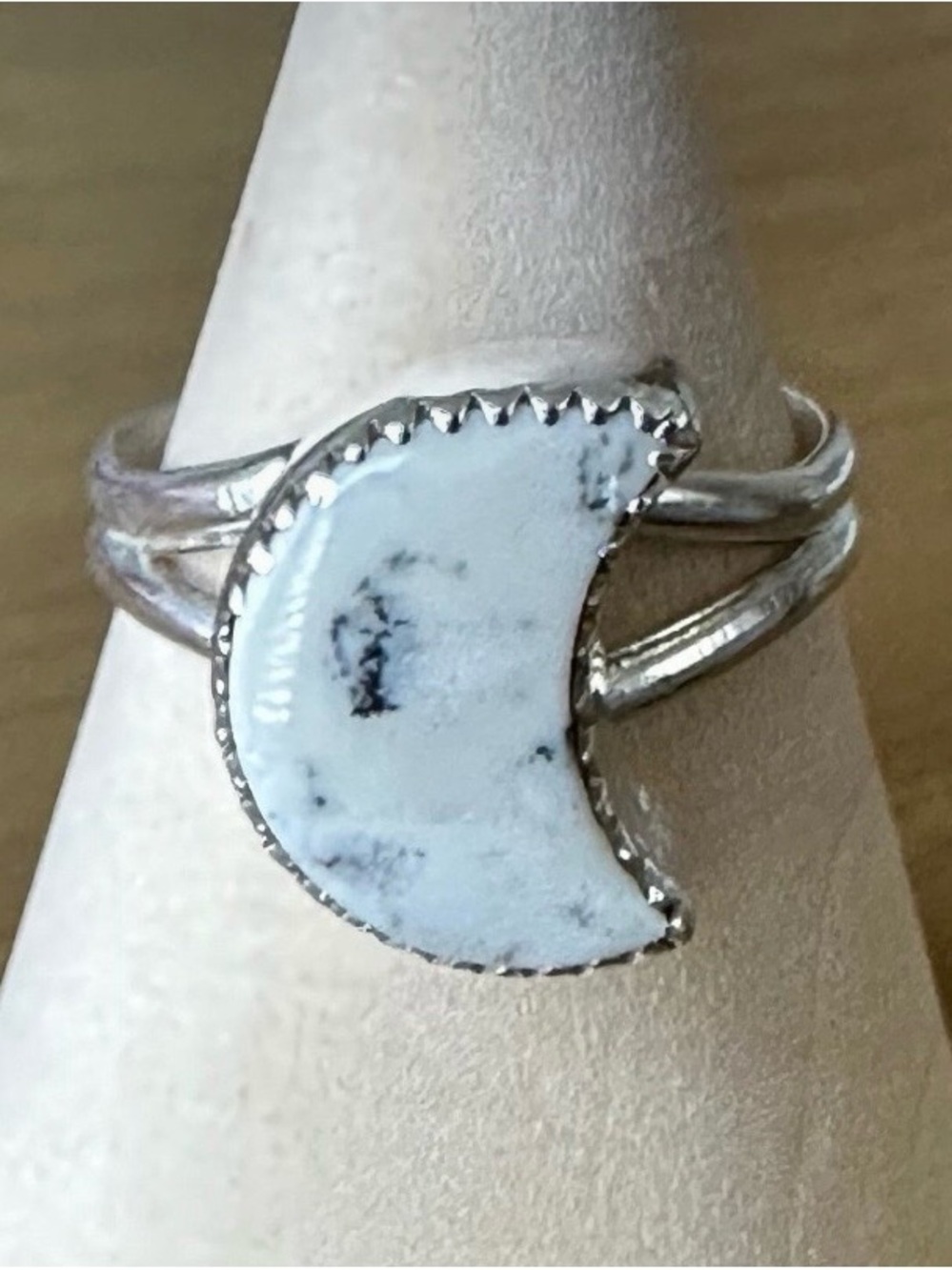 White Buffalo Moon Crescent Ring - Sterling Silver Band Size 5.5